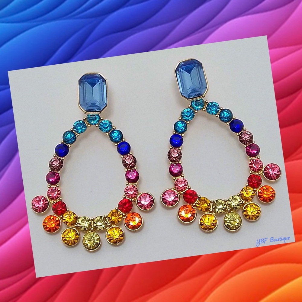 Blue Rainbow Teardrop Rhinestone Statement Earring